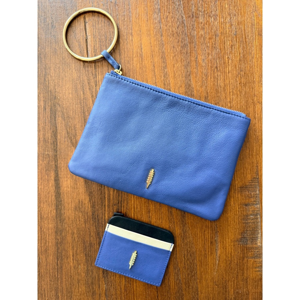 Thacker Gia Pouch and Card Wallet Set Royal Blue Leather Bangle Clutch Gold Ring